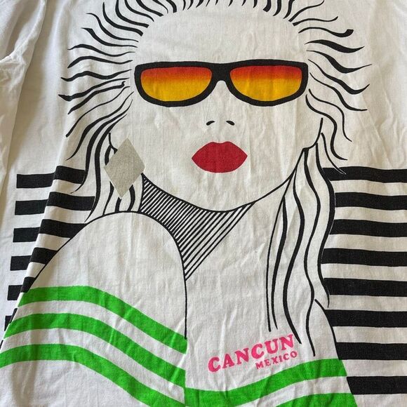Vtg 1980s/90s Cancun t shirt XL woman sunglasses Neon Beach SIng Stitch Mariachi - Picture 6 of 10